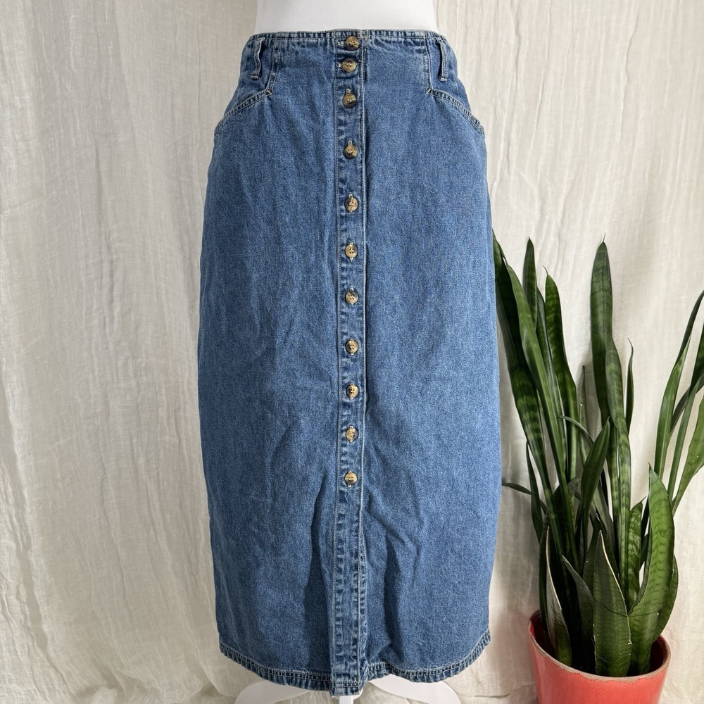 Vtg 90s Minimalist Denim Midi Skirt S Western Boho Indie Button Front Pockets